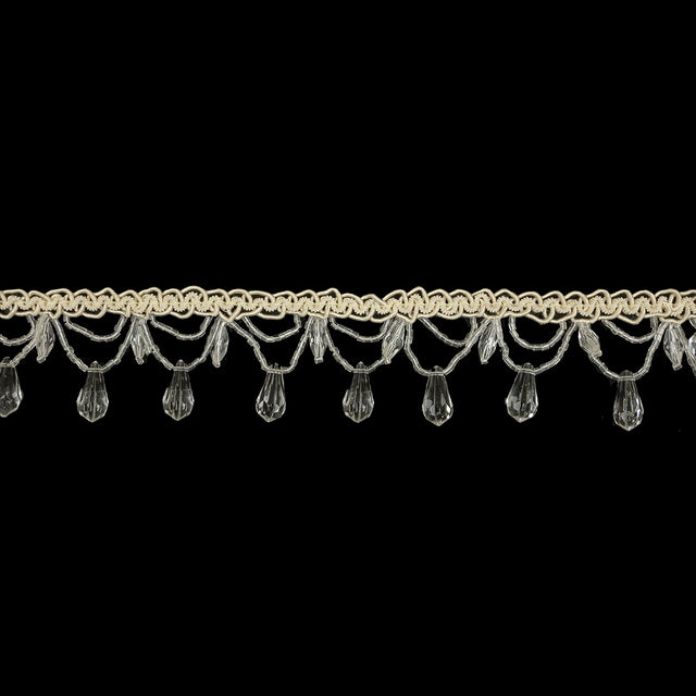 Vintage Crystal Teardrops and Silver Lined Glass Beaded Looped Fringe on Ivory Braid - 1.5"
