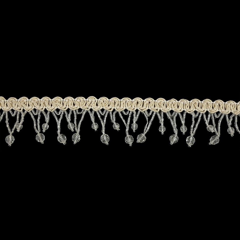 Vintage Crystal Faceted Round and Chop Beaded Fringe on Ivory Braid - 1.75"
