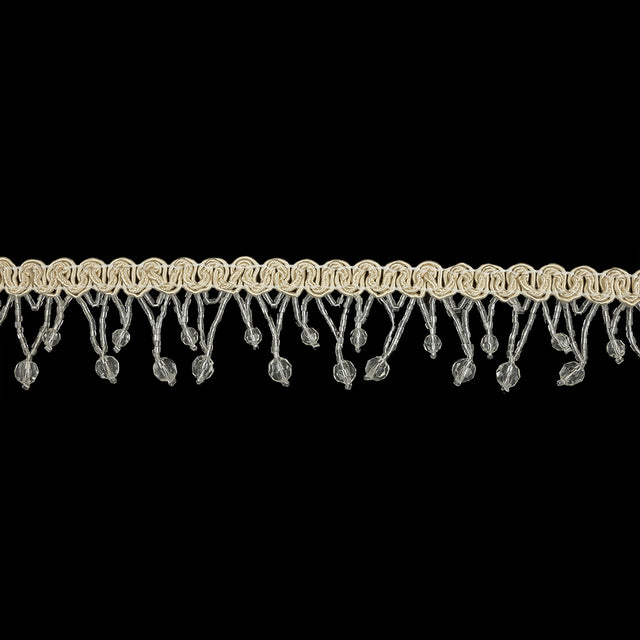 Vintage Crystal Faceted Round and Chop Beaded Fringe on Ivory Braid - 1.75"