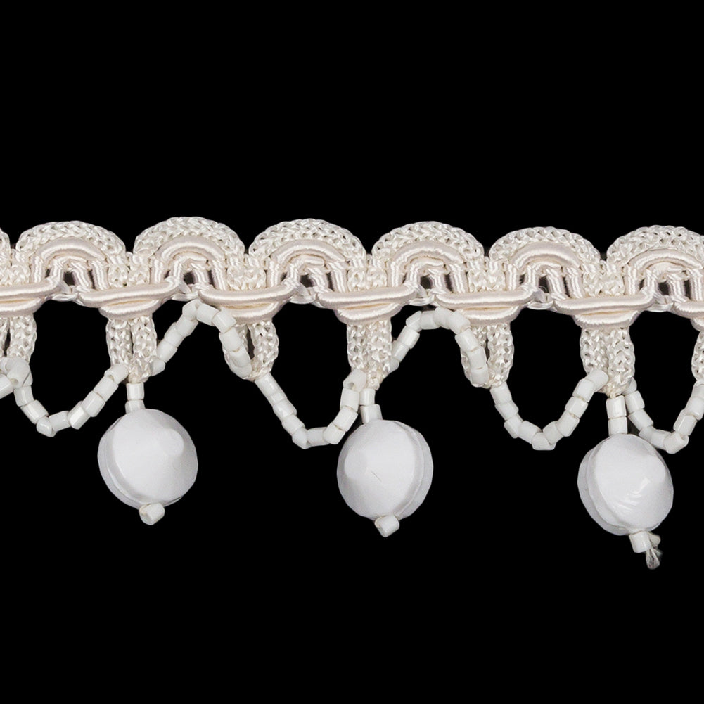Vintage White Faceted and Seed Beaded Loops Fringe on Ivory Braided Trim - 1.25" Detail