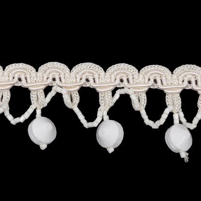 Vintage White Faceted and Seed Beaded Loops Fringe on Ivory Braided Trim - 1.25" Detail