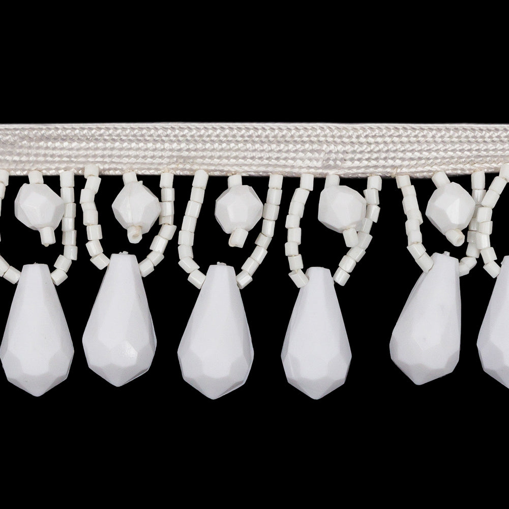 Vintage Ivory and Chalk White Teardrops and Seed Beaded Fringe Trim - 1.375" Detail
