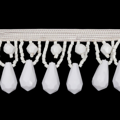 Vintage Ivory and Chalk White Teardrops and Seed Beaded Fringe Trim - 1.375" Detail