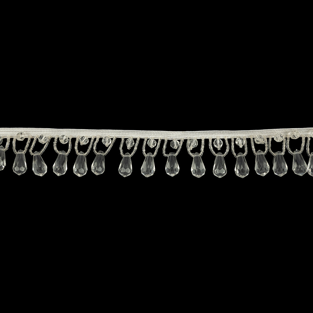 Vintage White and Crystal Teardrops and Seed Beaded Fringe Trim - 1.375"