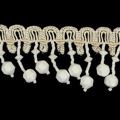 Vintage Chalk White Faceted and Seed Beaded Fringe on Ivory Braid - 1.5" Detail