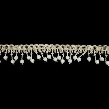 Vintage Chalk White Faceted and Seed Beaded Fringe on Ivory Braid - 1.5"