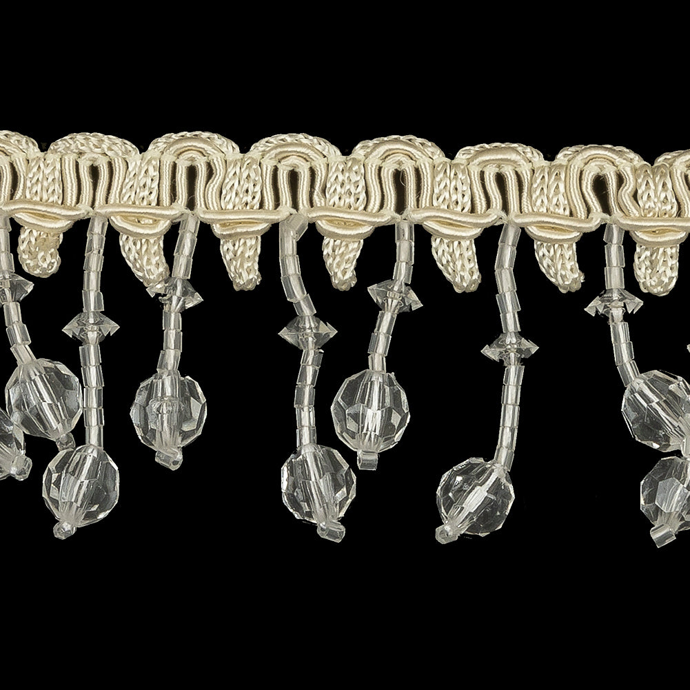 Vintage Crystal Faceted and Seed Beaded Fringe on Ivory Braid - 1.5" Detail