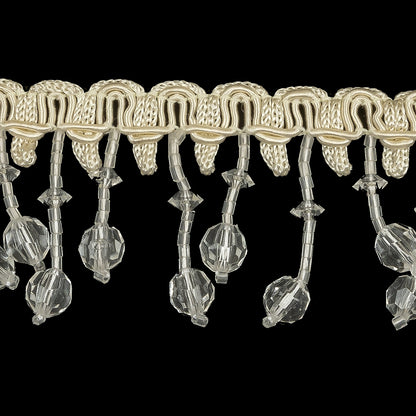 Vintage Crystal Faceted and Seed Beaded Fringe on Ivory Braid - 1.5" Detail