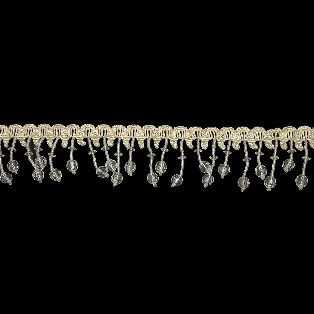 Vintage Crystal Faceted and Seed Beaded Fringe on Ivory Braid - 1.5"