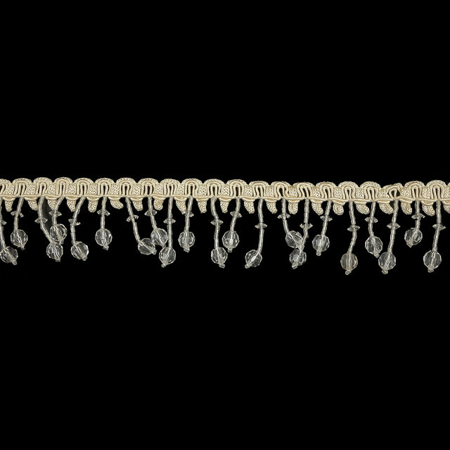 Vintage Crystal Faceted and Seed Beaded Fringe on Ivory Braid - 1.5"