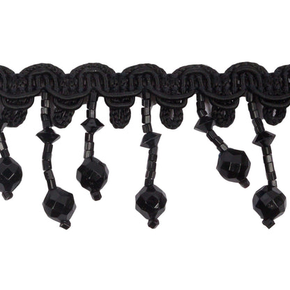 Vintage Black Faceted and Seed Beaded Fringe on Black Braid - 1.5" Detail