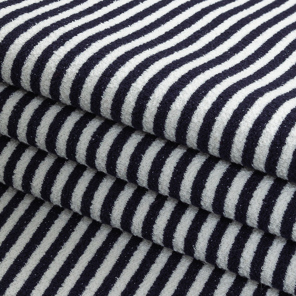 Parisian Night and White Candy Striped Stretch Cotton and Polyester Liverpool Knit Folded