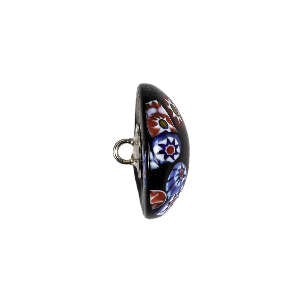 Vintage Black, Red and Blue Mosaic Domed Shank Back Glass Button - 32L/20mm Folded