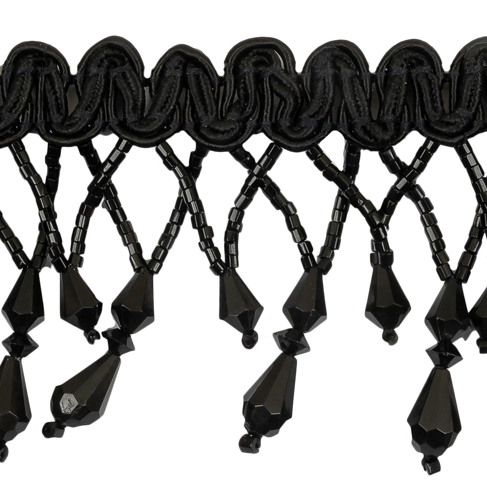 Vintage Black Fancy Beaded Fringe on Black Braid - 2.25" Detail