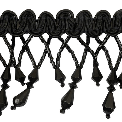Vintage Black Fancy Beaded Fringe on Black Braid - 2.25" Detail