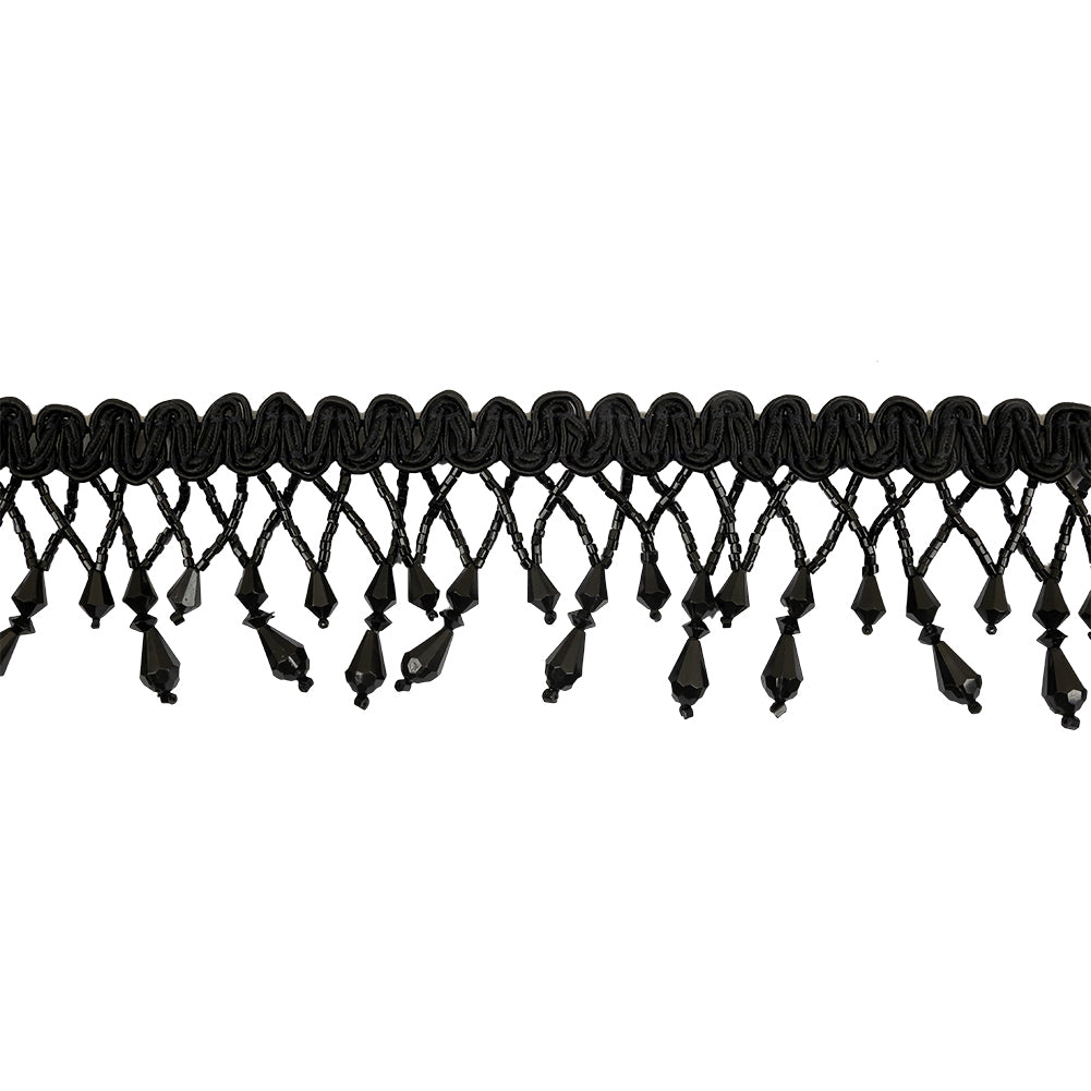 Vintage Black Fancy Beaded Fringe on Black Braid - 2.25"