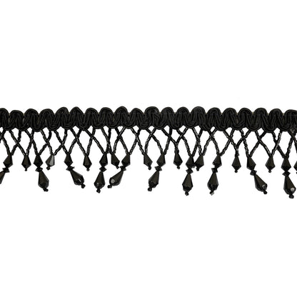Vintage Black Fancy Beaded Fringe on Black Braid - 2.25"