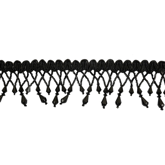 Vintage Black Fancy Beaded Fringe on Black Braid - 2.25"