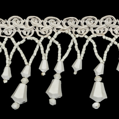 Vintage Chalk White Fancy Beaded Fringe on White Gimp Braid - 2.25" Detail
