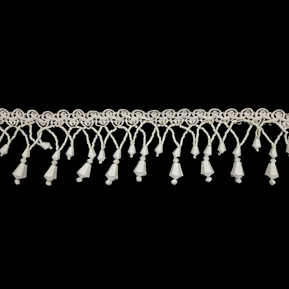 Vintage Chalk White Fancy Beaded Fringe on White Gimp Braid - 2.25"
