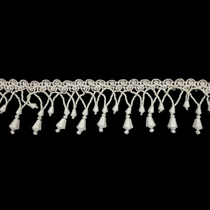 Vintage Chalk White Fancy Beaded Fringe on White Gimp Braid - 2.25"