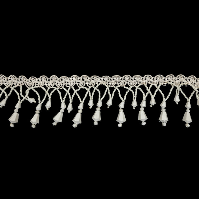 Vintage Chalk White Fancy Beaded Fringe on White Gimp Braid - 2.25"
