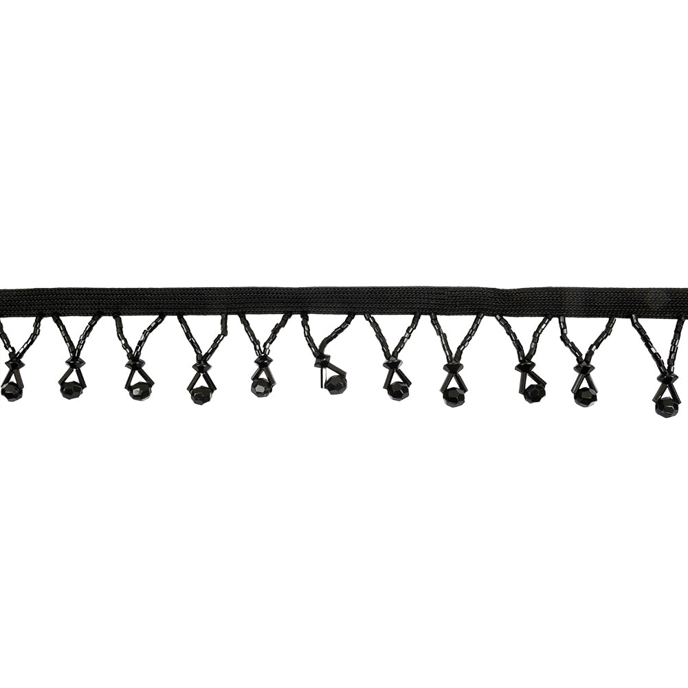Vintage Black Faceted Round and Seed Beaded Fringe Trim - 1.375"