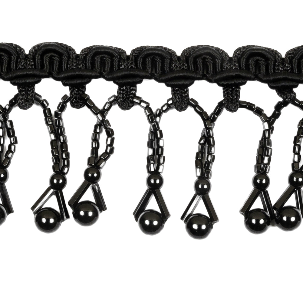 Vintage Black Round and Seed Beaded Fringe on Black Braid - 1.5" Detail