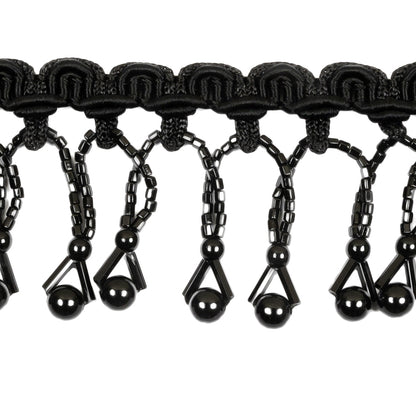 Vintage Black Round and Seed Beaded Fringe on Black Braid - 1.5" Detail