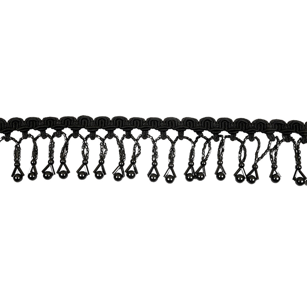 Vintage Black Round and Seed Beaded Fringe on Black Braid - 1.5"