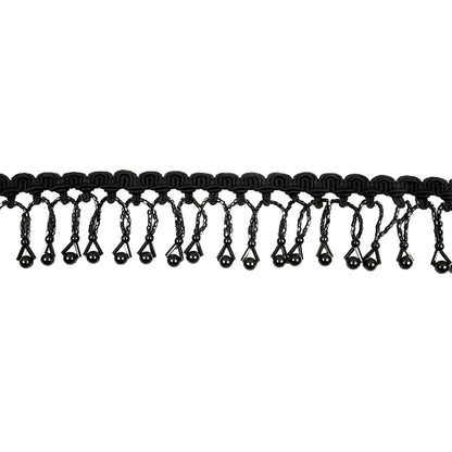 Vintage Black Round and Seed Beaded Fringe on Black Braid - 1.5"