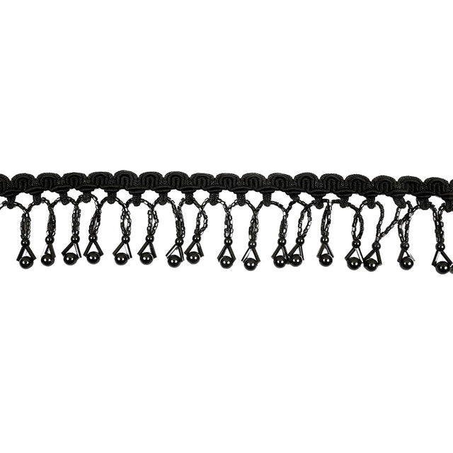 Vintage Black Round and Seed Beaded Fringe on Black Braid - 1.5"
