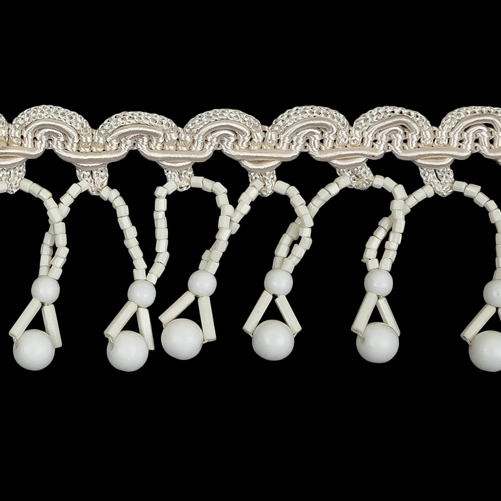 Vintage Chalk White Round and Seed Beaded Fringe on Ivory Braid - 1.5" Detail