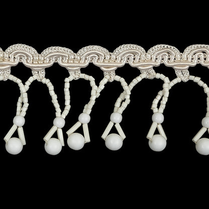 Vintage Chalk White Round and Seed Beaded Fringe on Ivory Braid - 1.5" Detail