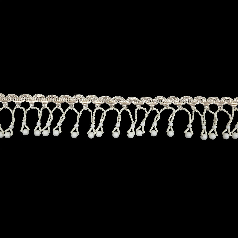 Vintage Chalk White Round and Seed Beaded Fringe on Ivory Braid - 1.5"