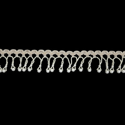 Vintage Chalk White Round and Seed Beaded Fringe on Ivory Braid - 1.5"