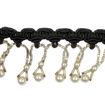 Vintage White Pearl Round and Seed Beaded Fringe on Black Braid - 1.5" Detail