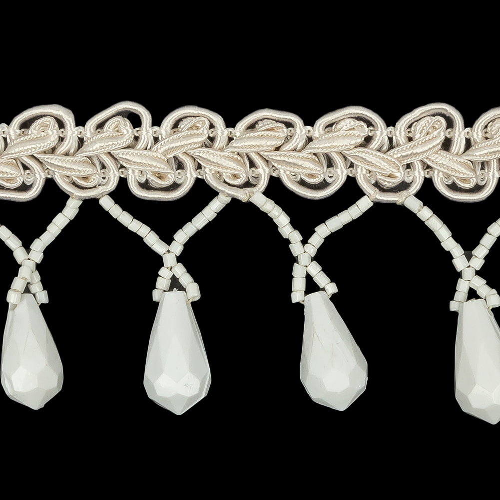 Vintage White Teardrop Beaded Fringe on Ivory Gimp Braid - 1.75" Detail