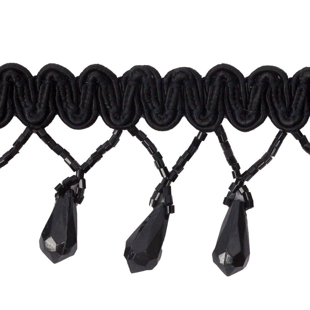 Vintage Black Teardrop Beaded Fringe on Black Gimp Braid - 2" Detail