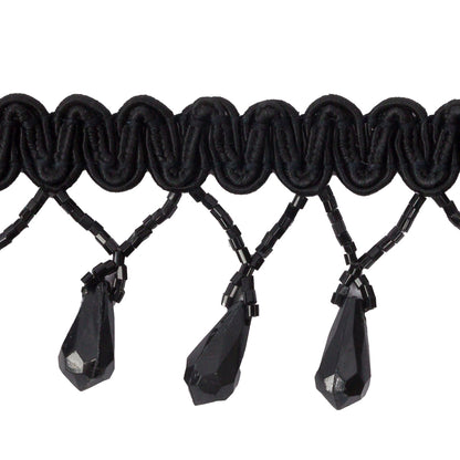 Vintage Black Teardrop Beaded Fringe on Black Gimp Braid - 2" Detail
