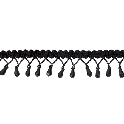 Vintage Black Teardrop Beaded Fringe on Black Gimp Braid - 2"