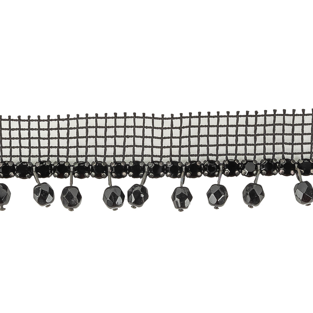 Vintage Jet Circular Rhinestone Trimming on Black Mesh with Faceted Beaded Fringe - 1" Detail