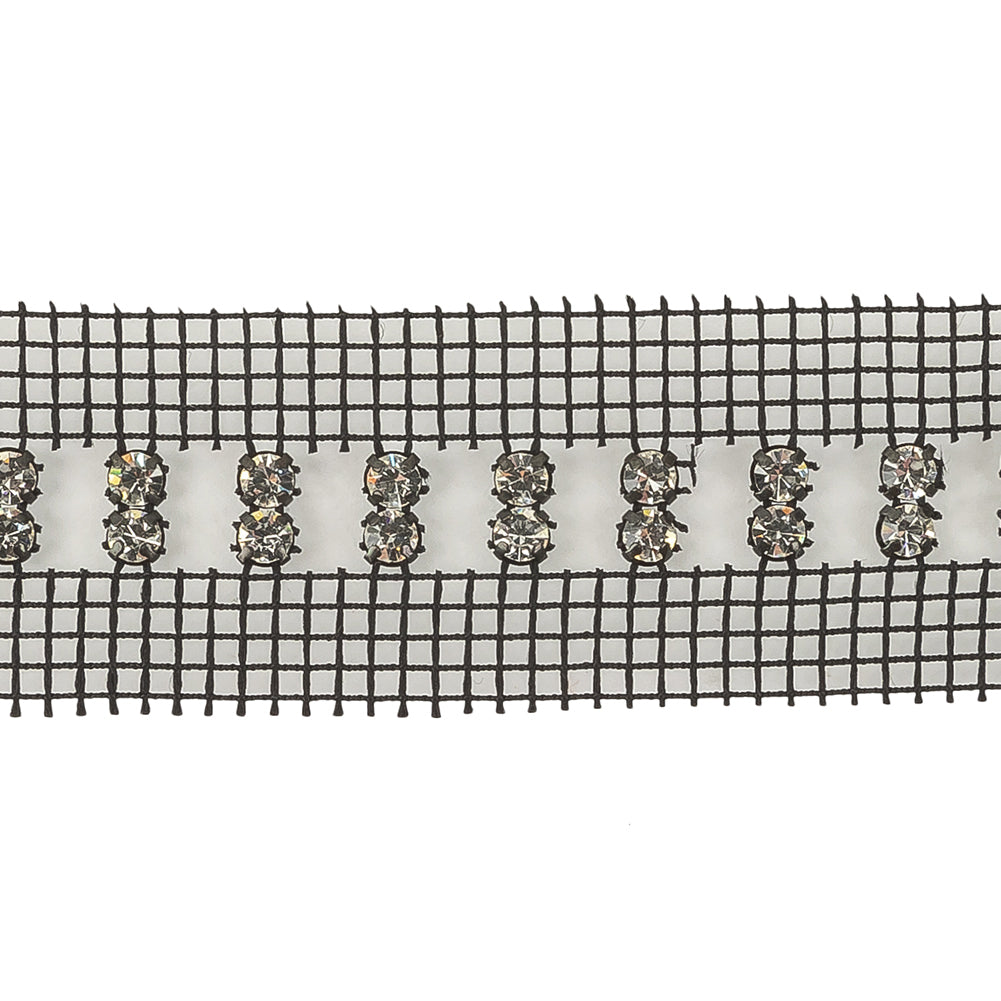 Vintage Vertical Crystal Rhinestones on Double Edge Black Mesh Trimming - 1.375" Detail