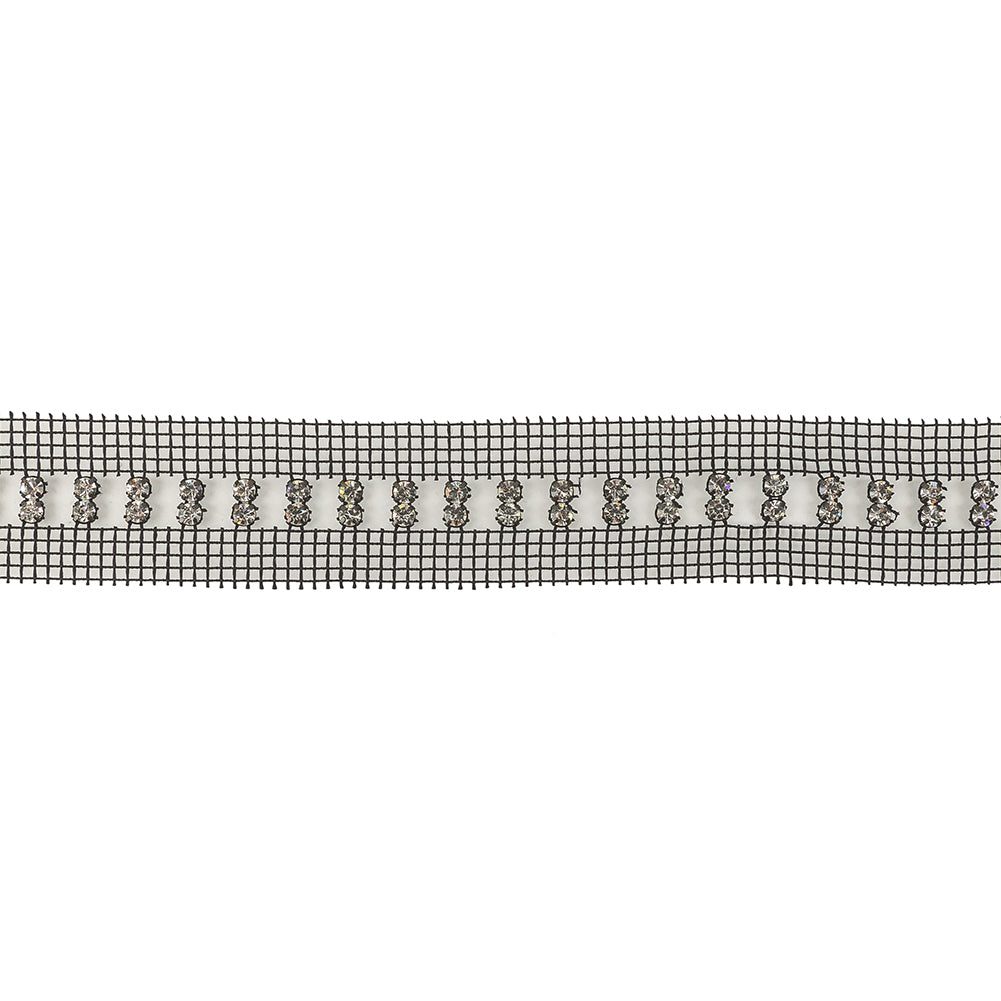 Vintage Vertical Crystal Rhinestones on Double Edge Black Mesh Trimming - 1.375"