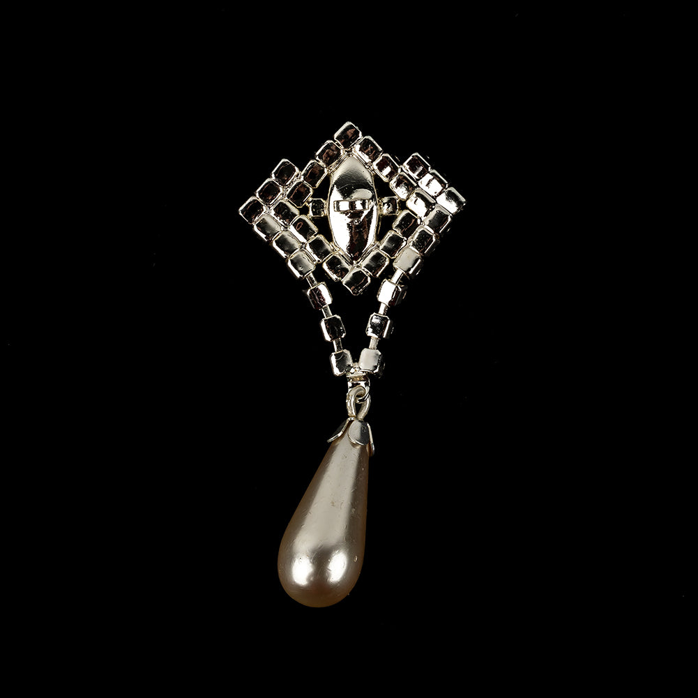 Vintage Crystal Rhinestones and Silver Metal Pearl Drop Classical Ornament with Beaded Center - 2.375" x 1.1875" Detail