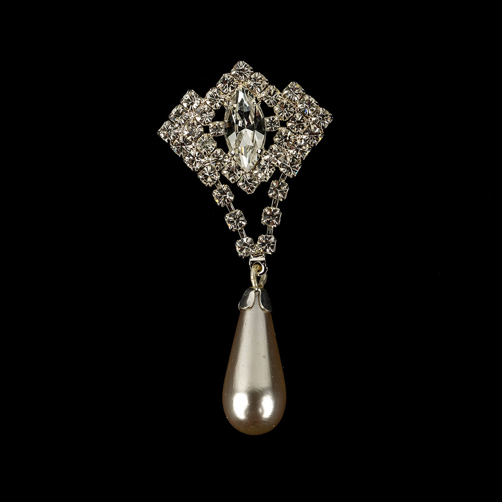 Vintage Crystal Rhinestones and Silver Metal Pearl Drop Classical Ornament with Beaded Center - 2.375" x 1.1875"