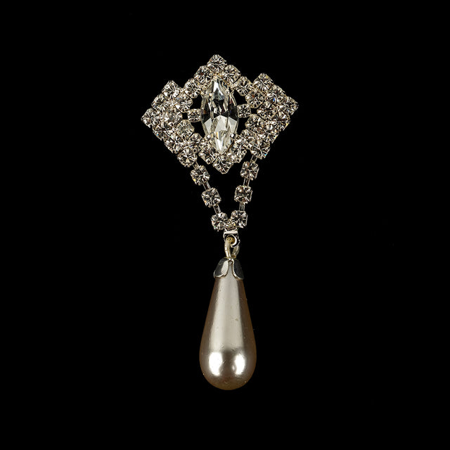 Vintage Crystal Rhinestones and Silver Metal Pearl Drop Classical Ornament with Beaded Center - 2.375" x 1.1875"