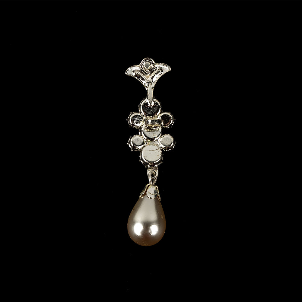 Vintage Crystal Rhinestones and Silver Metal Pearl Drop Classical Ornament - 2" x 0.5" Detail