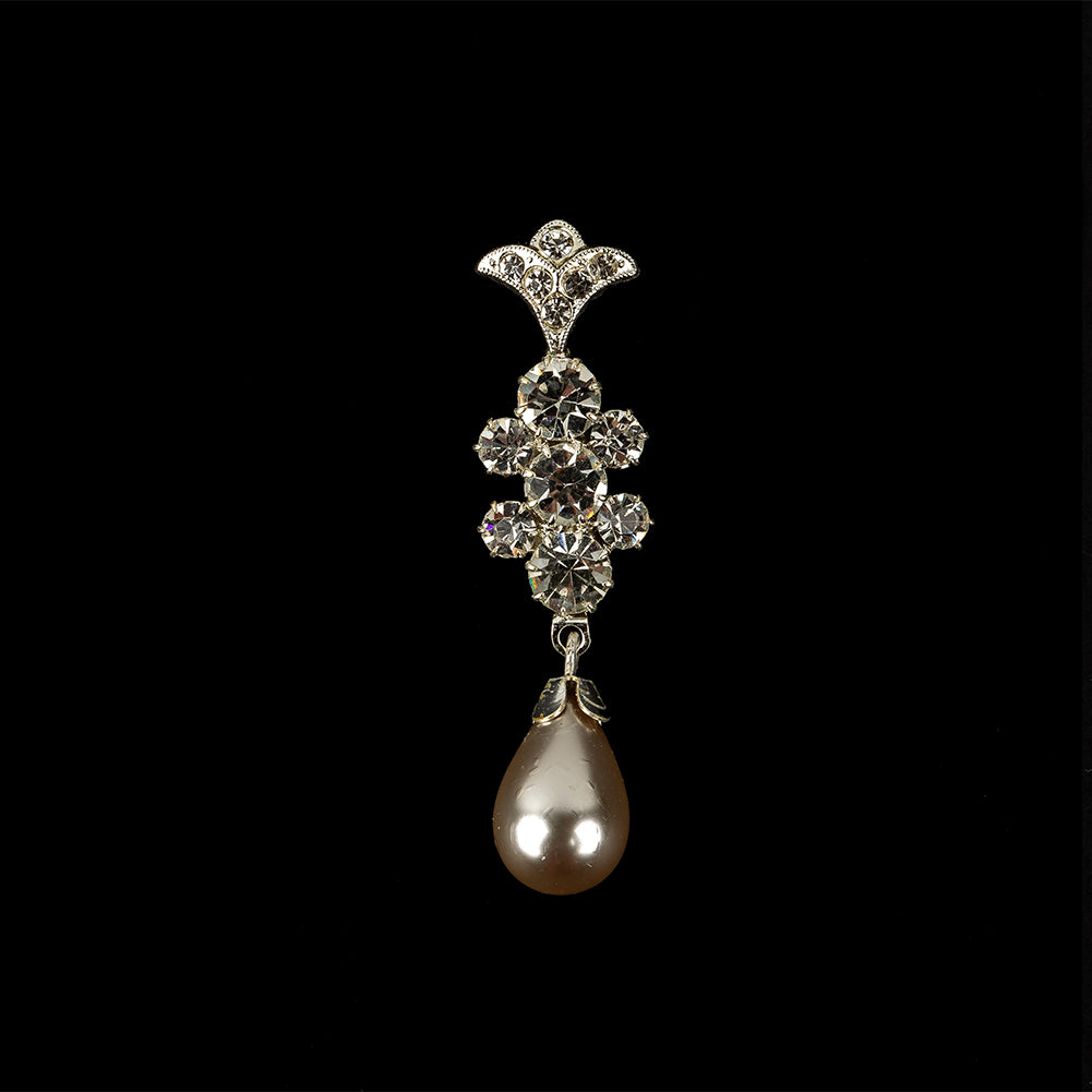 Vintage Crystal Rhinestones and Silver Metal Pearl Drop Classical Ornament - 2" x 0.5"