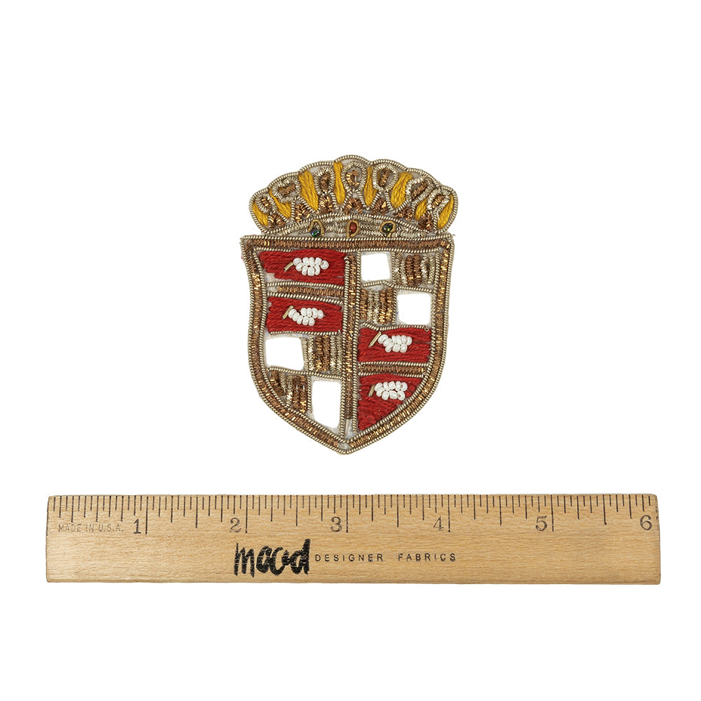 Vintage Gold, Yellow and Red Crest Bullion Embroidered and Beaded Applique - 3" x 2.25" Full